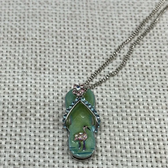 Vintage Sterling Silver Flip-Flop Pendant Necklace with Flamingo & Crystals, 18” - Picture 8 of 15